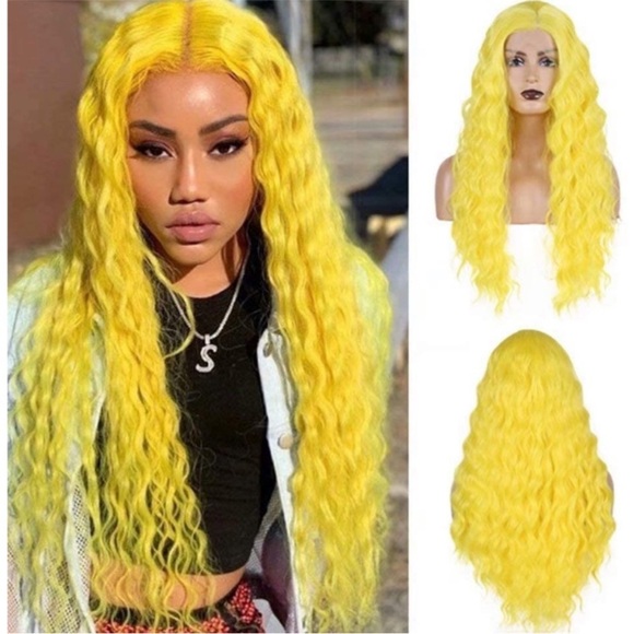 22” Yellow Long Loose Curly Lace Front Wig NEW